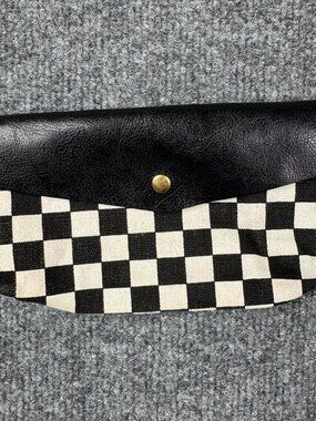 Checkered Canvas Envelope Clutch Bag Black White Faux Leather Snap Pouch Zipper